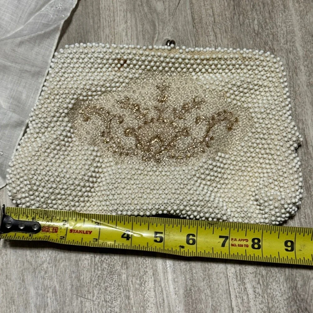 Vintage Beaded Clutch Handbag‎ & Embroidered Hanky Set Evening Bag Formal Acc